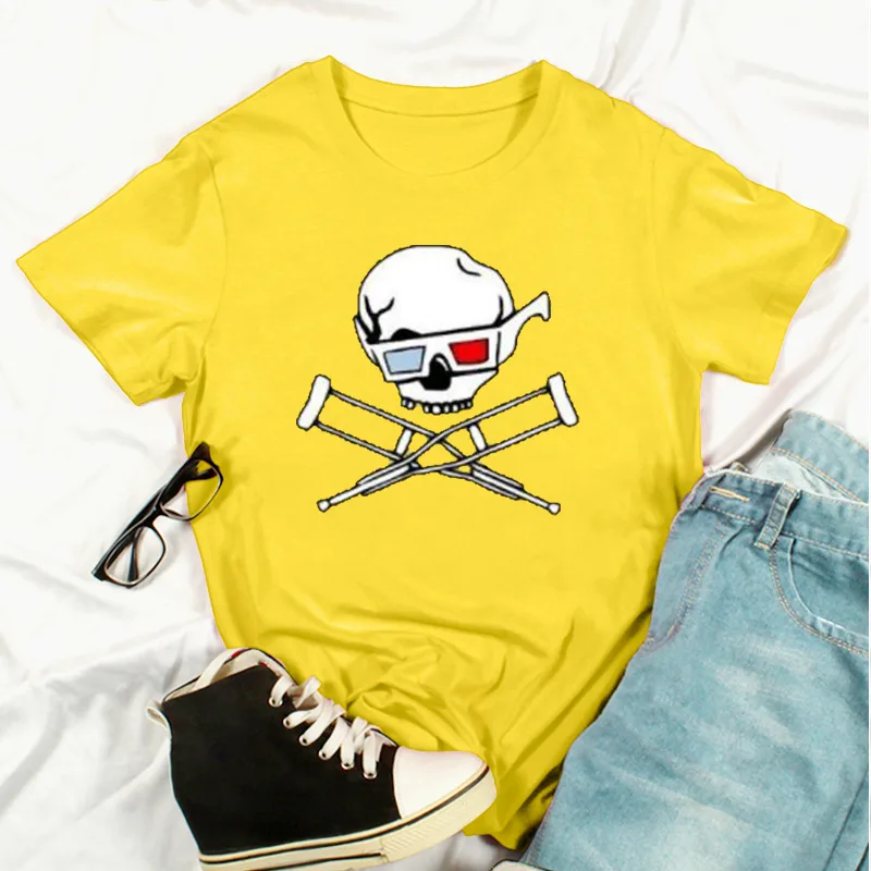 New Summer Skull Print Fashion Short Sleeved T Shirt Top Yellow - Shop at LoveMi