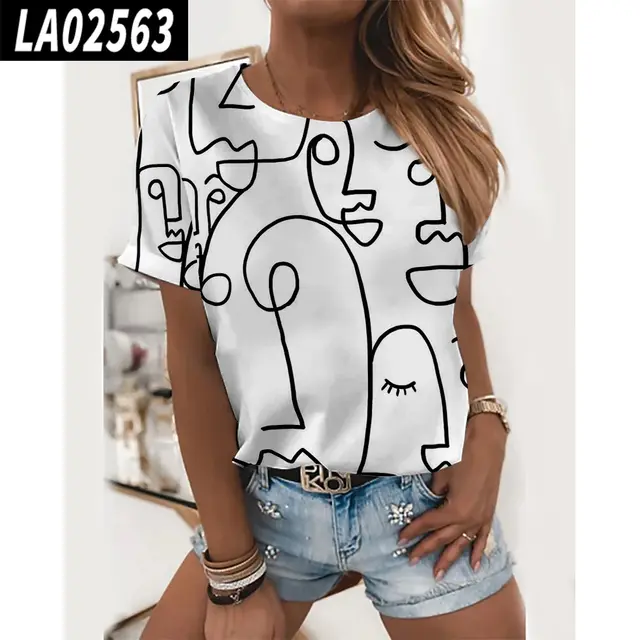 Summer Women's Abstract Painting Pattern Printing 3D Digital Printing Round Neck T Shirt 2.Style - Shop at LoveMi