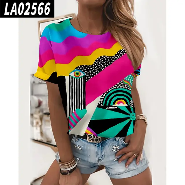 Summer Women's Abstract Painting Pattern Printing 3D Digital Printing Round Neck T Shirt 5.Style - Shop at LoveMi