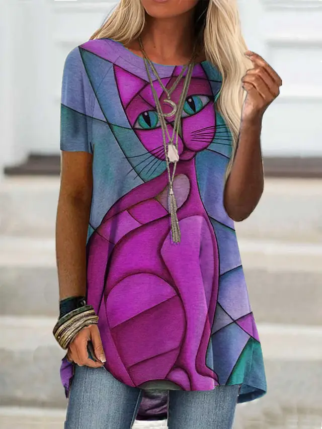 Fashion Women's Short sleeved Digital Printing T shirt Purple - Shop at LoveMi