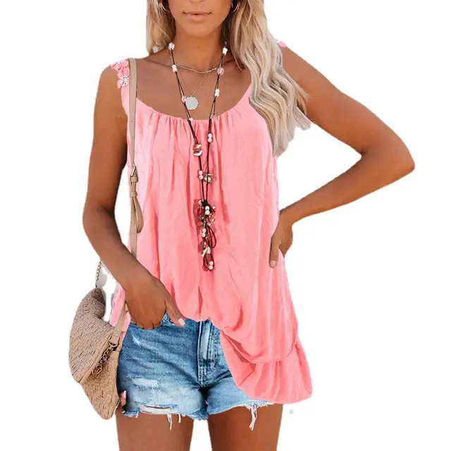 Women's Sling Solid Color Double Layer Stitching Top Pink - Shop at LoveMi