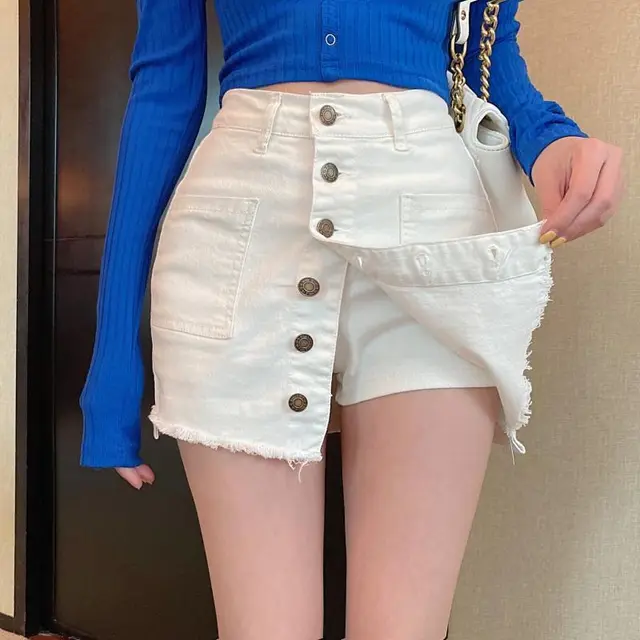 Temperament Breasted High Waist Bag Hip Denim Skirt White - Shop at LoveMi