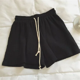 Waffle Fabric Cotton Shorts Women's High Waist A-line Wide-leg Hot Pants - Black