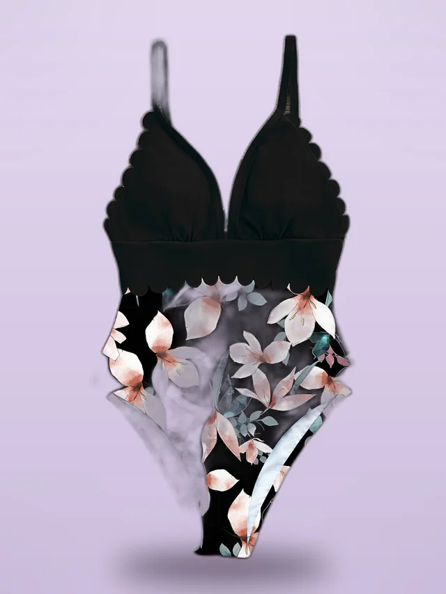 One Piece Swimsuit Printed Cut Lace Swimsuit Halter Sexy Swimsuit Black - Shop at LoveMi