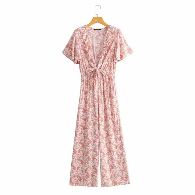 Printed Jumpsuit With Tie On Chest Pink - Shop at LoveMi