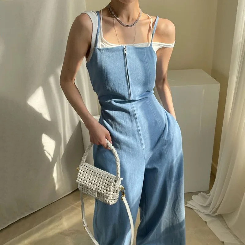 Retro Zipper Design Wide Leg Pants Double Pocket High Waist Straight Sling Jumpsuit Women Blue - Shop at LoveMi