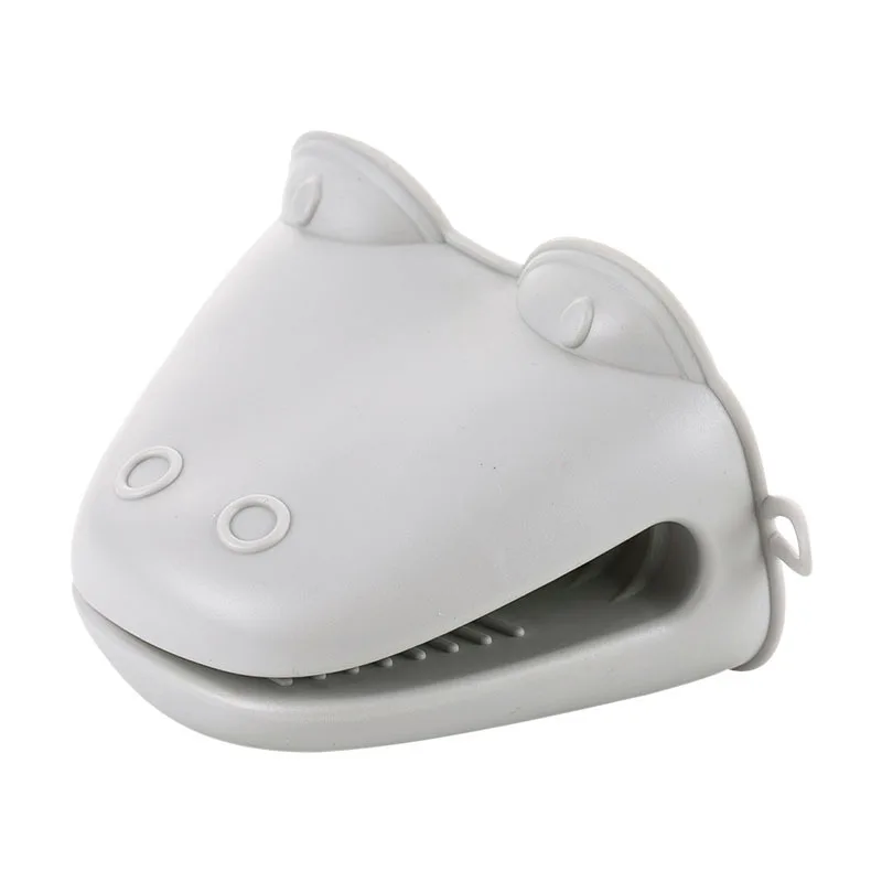 Thickened Oven Gloves High Temperature Resistant Cartoon Hippo Silicone Hand Clip - Grey