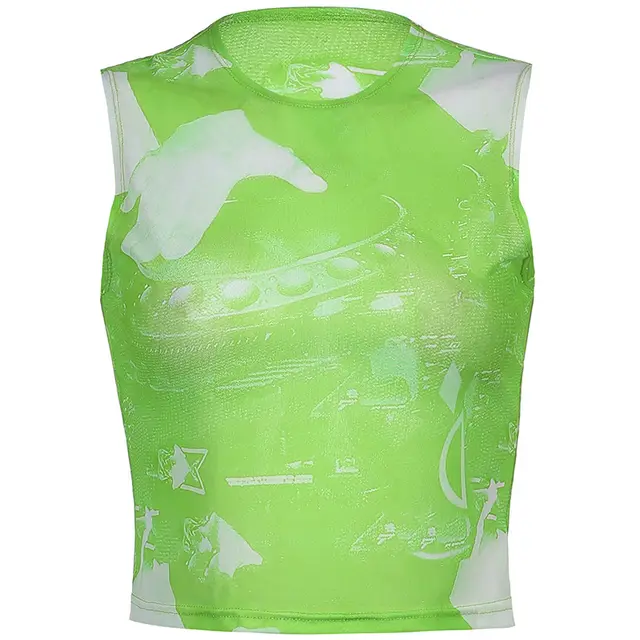 Printed Contrast Color Round Neck Sleeveless Top Short Cropped T shirt Green - Shop at LoveMi