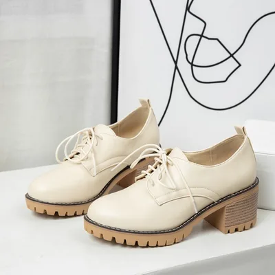Lace up Thick heel Student Small Leather Shoes Women's Spring And Autumn Single Shoes Apricot - Shop at LoveMi