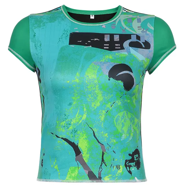 Sense Of Personality Contrast Printed Tight fitting Short sleeved T shirt Green - Shop at LoveMi