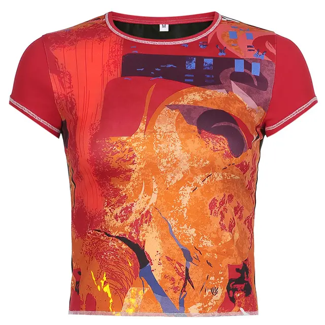 Sense Of Personality Contrast Printed Tight fitting Short sleeved T shirt Red - Shop at LoveMi