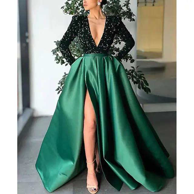 Women's Stand alone Stand Sequins And Large Posing Temperament Sexy Long Skirt Tail Banquet Evening Dress Green - Shop at LoveMi