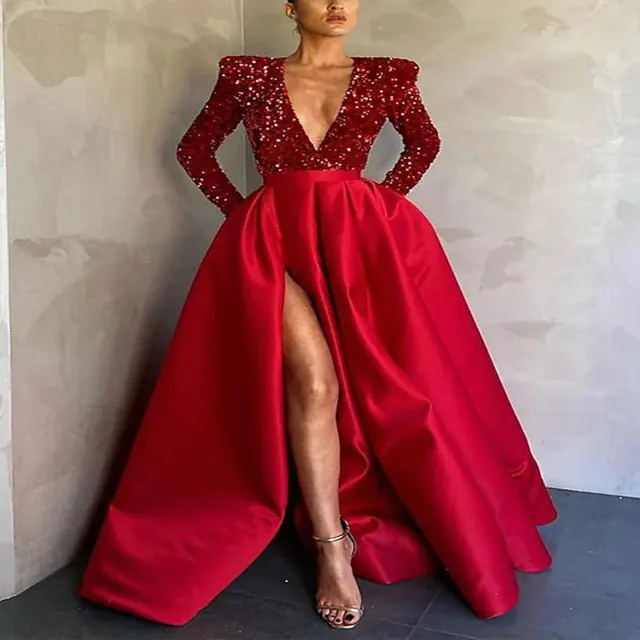 Women's Stand alone Stand Sequins And Large Posing Temperament Sexy Long Skirt Tail Banquet Evening Dress Red - Shop at LoveMi