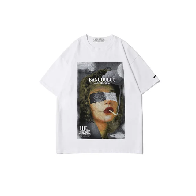 Loose Oversize Half Sleeve Top Hip hop Portrait Print Short Sleeves White - Shop at LoveMi