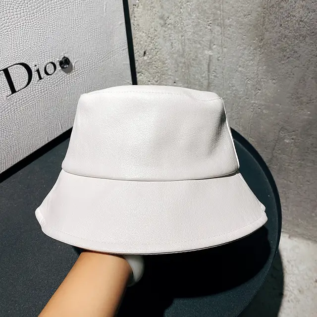 Textured PU Leather Fisherman Hat Unisex Basin Hat Wide Brim Cover Face Hat White - Shop at LoveMi
