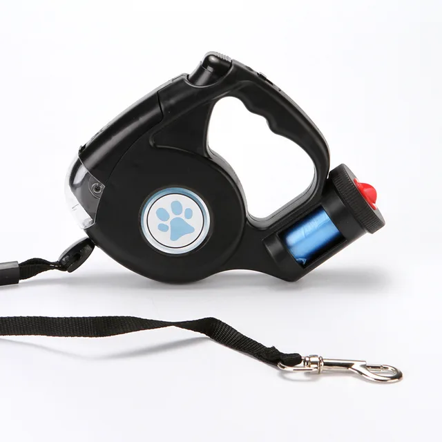 Retractable Dog Leash Equipped With Flashlight And Rubbish Bag Storage Black - Shop at LoveMi