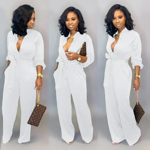 Mature V Neck Casual Jumpsuit White - Shop at LoveMi