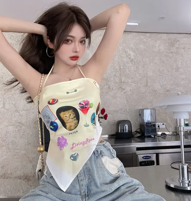 Women's Summer Print Halter Neck Wrap Chest Triangle Turban Vest Bottoming Top With Sling - Shop at LoveMi