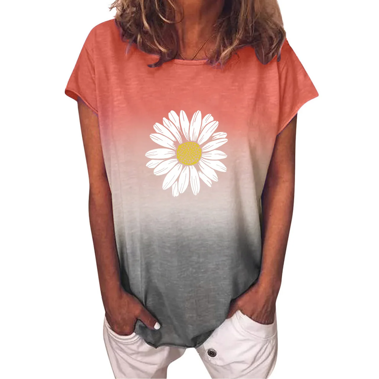 Rainbow Gradient Print T-Shirt Short Sleeves - Orange - View 1