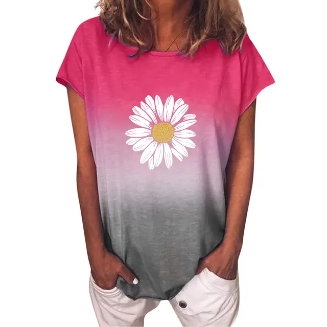 Rainbow Gradient Print T Shirt Short Sleeves Rose Red - Shop at LoveMi