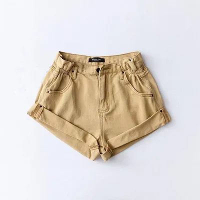 Fashion Five color Elastic Waist Rolled Edge Denim Shorts Women Apricot - Shop at LoveMi