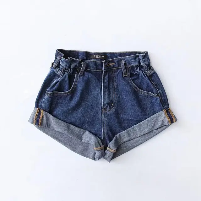 Fashion Five color Elastic Waist Rolled Edge Denim Shorts Women Dark Blue - Shop at LoveMi