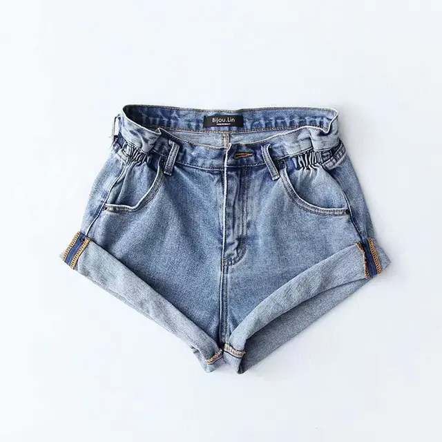 Fashion Five color Elastic Waist Rolled Edge Denim Shorts Women Light Blue - Shop at LoveMi