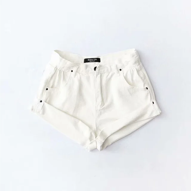 Fashion Five color Elastic Waist Rolled Edge Denim Shorts Women White - Shop at LoveMi