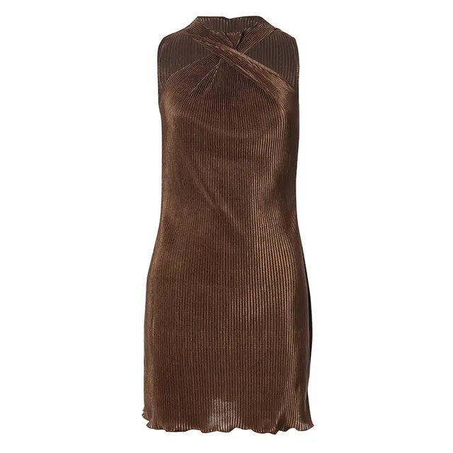 Sleeveless Cross Halterneck Wooden Ear Dress Khaki - Shop at LoveMi