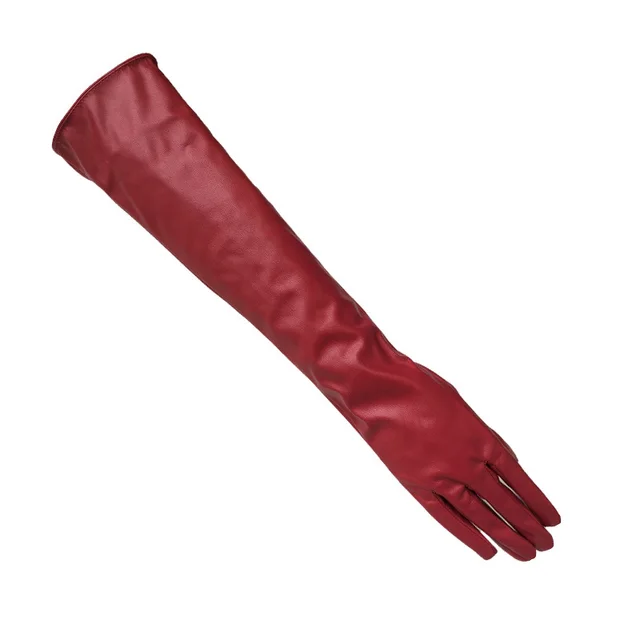 Sexy Leopard Touch Screen Gloves Winter Women PU Black 50cm Long Simulation Leather Red - Shop at LoveMi