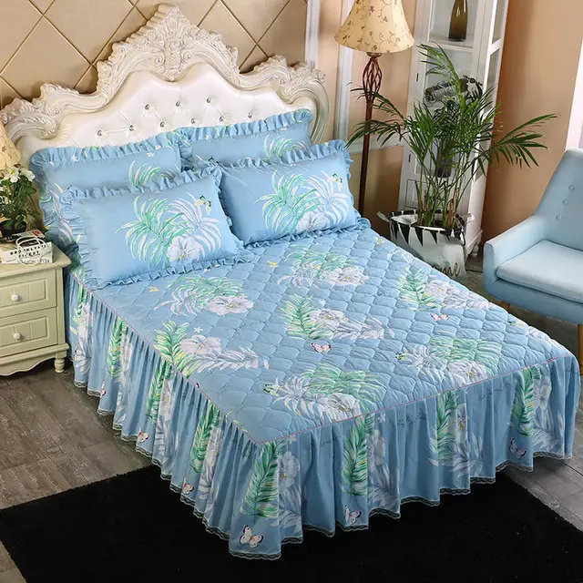 Twill Thickened Bedspread Bed Skirt Single Product Bed Skirt Three piece Suit Blue - Shop at LoveMi