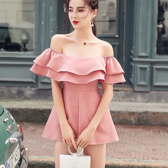 Tube Top One line Collar Strapless Ruffled Solid Color Jumpsuit Women's Thin Sexy Jumpsuit Shorts Pink - Shop at LoveMi