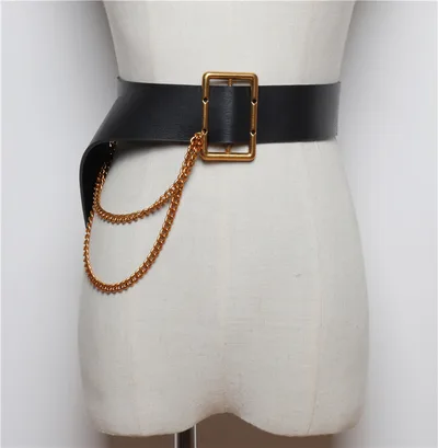 Korean Style Wide waisted Square Buckle Layered Chain Decoration Belt Decoration Dress Shirt Black - Shop at LoveMi