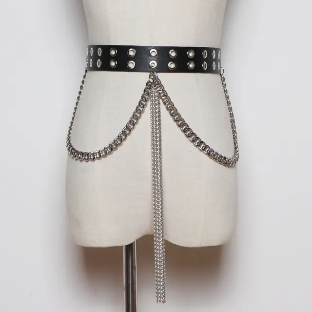 Fashion All match Black Belt Tassel Chain Double Row Perforated Hundred Matching Waist Seal Black - Shop at LoveMi