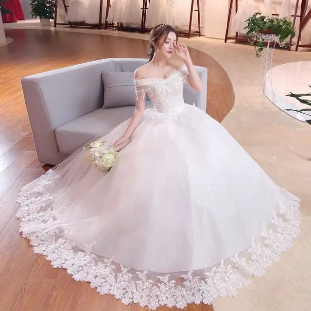 Shoulder to shoulder Wedding Dress Bridal Lace Plus Size Thin Shoulder Wedding Dress White - Shop at LoveMi