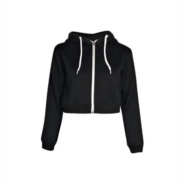 Women's Solid Color Hooded Short Zipper Sweater Black - Shop at LoveMi