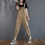 Retro Art Plus Size Thin Sleeveless Casual Fat Sister Denim Overalls - Khaki