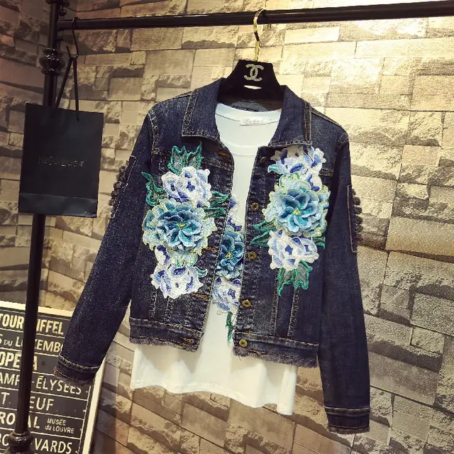 Ripped Embroidered Peony Denim Long sleeved Jacket Looks Thin Trendy Dark Blue Peony Coat - Shop at LoveMi