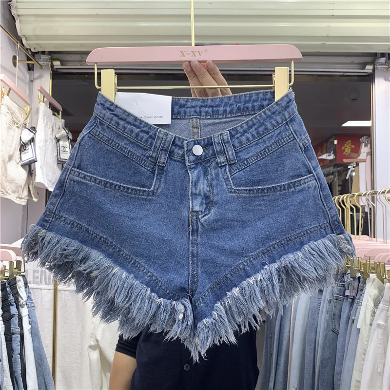 Fringed Frayed Denim Shorts Women Summer Thin High waisted Wide leg Pants Blue - Shop at LoveMi