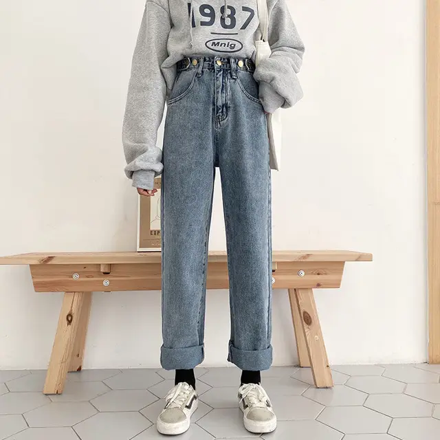 Adjustable Slim Jeans Women's Straight Leg Blue - Shop at LoveMi