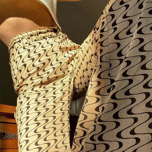 Printed Wave Pattern High Waist Casual Pants Apricot - Shop at LoveMi