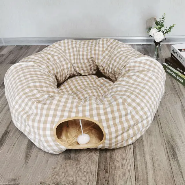 The New Pet Cat Tunnel Sleeping Nest Can Accommodate Folding Cat Channel Intellectual Cat Toy Beige Check Full Moon - Shop at LoveMi