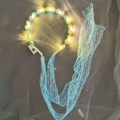 Fairy Luminous Hair Band Hair Band A System With Female Tie Hair Gentle Lace Pearl Band Headdress Blue Streamer Warm Light - Shop at LoveMi