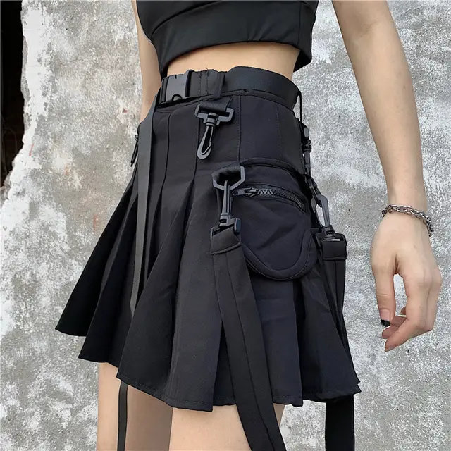 Short Skirt A line Skirt Pleated Skirt Student Skirt Tide With Waist Black - Shop at LoveMi