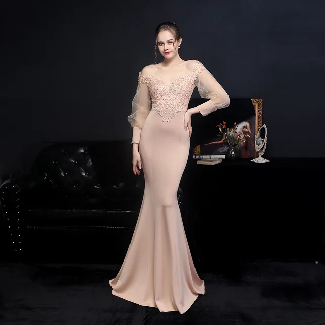 Full Craft Lace Hot Long sleeved Evening Dress Tail Skirt Apricot - Shop at LoveMi