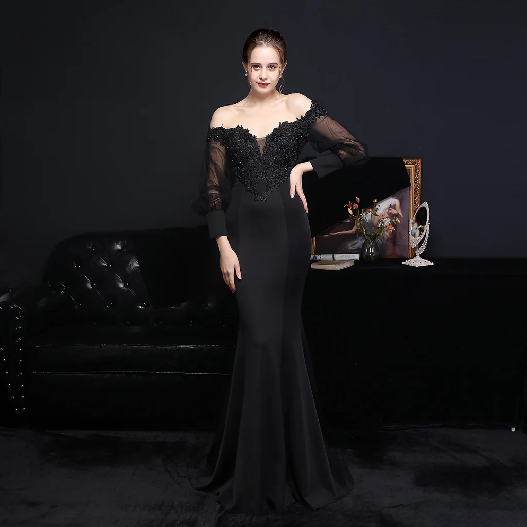 Full Craft Lace Hot Long-sleeved Evening Dress Tail Skirt - Black