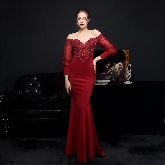 Full Craft Lace Hot Long sleeved Evening Dress Tail Skirt Claret - Shop at LoveMi