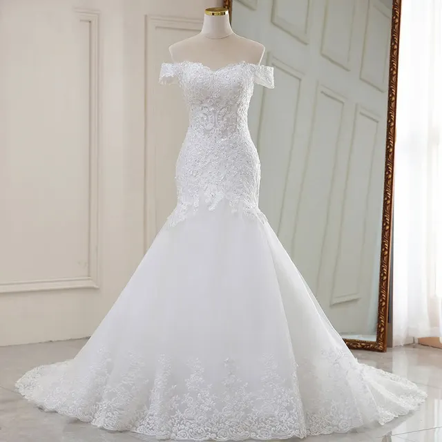 High Waist White Temperament Dream Lace Mid waist Long Tail V neck Wedding Dress White - Shop at LoveMi