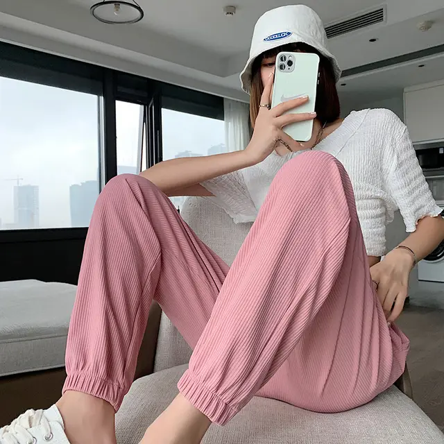 White Ice Silk Sweatpants Women Loose Summer Thin Section Pink - Shop at LoveMi