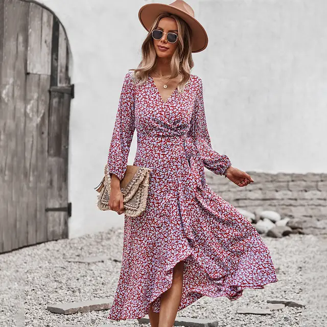 Floral Dress With Wrapped Chest And Strappy Skirt Red - Shop at LoveMi